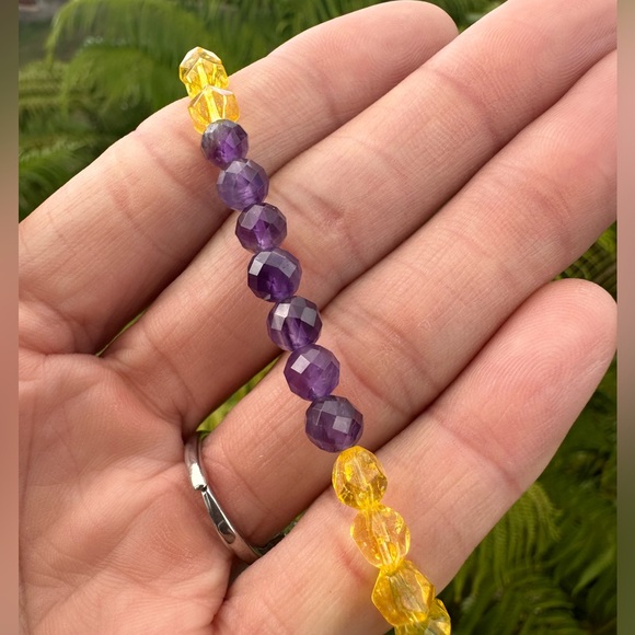 Faceted Citrine Amethyst Stretch 7”Bracelet Yellow Purple Beaded Crystal - Picture 3 of 8
